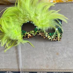 Sony Pictures Production Handmade Masquerade Stick Mask Lime Green Feathers Prop